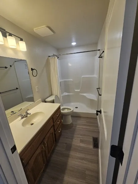 Modern clean bathroom with vanity and shower